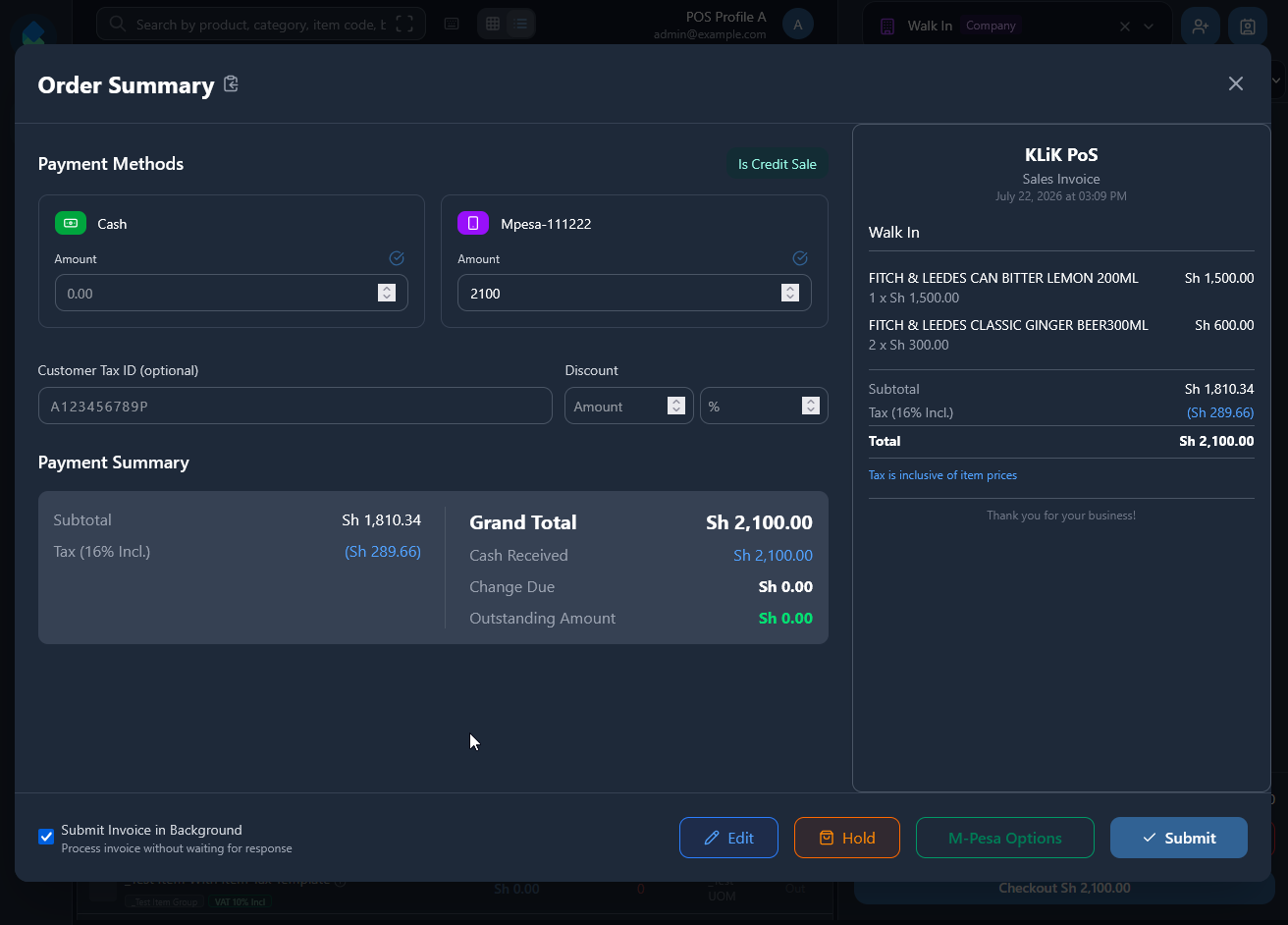 ERPNext Express — checkout with cash and M-Pesa