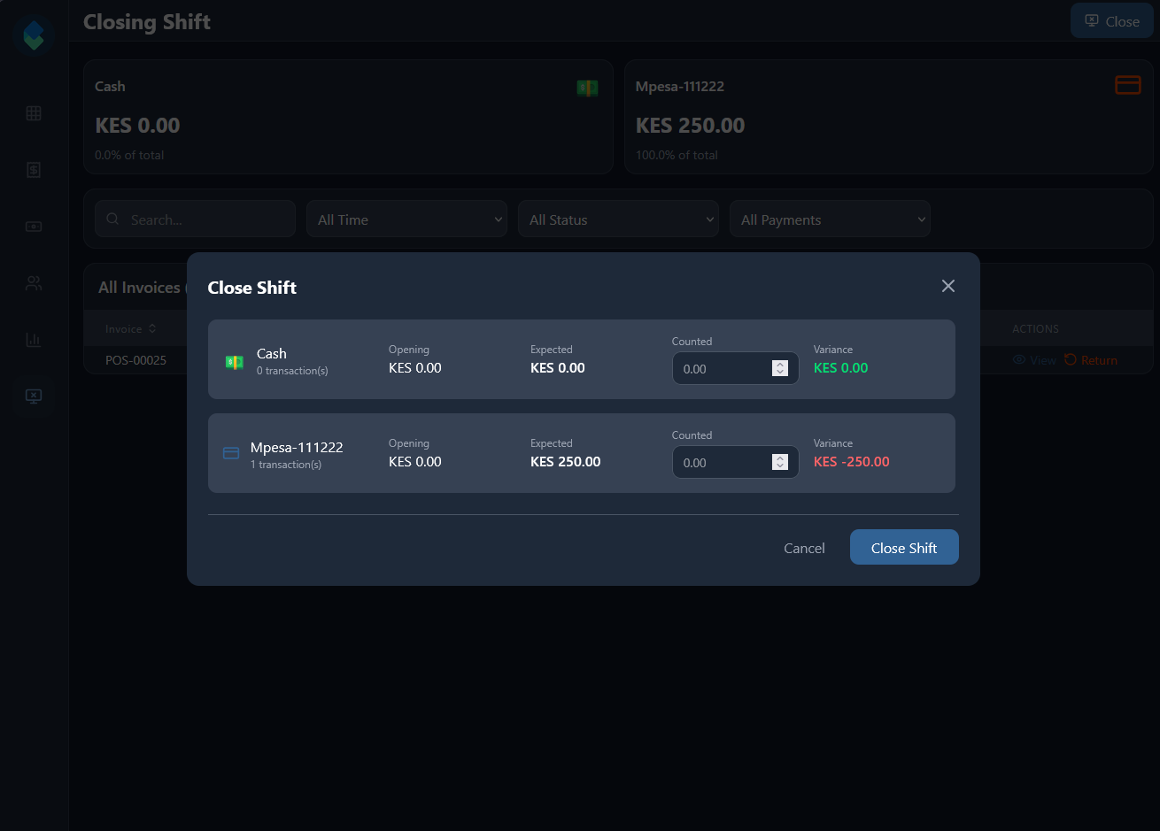 ERPNext Express — shift closing reconciliation